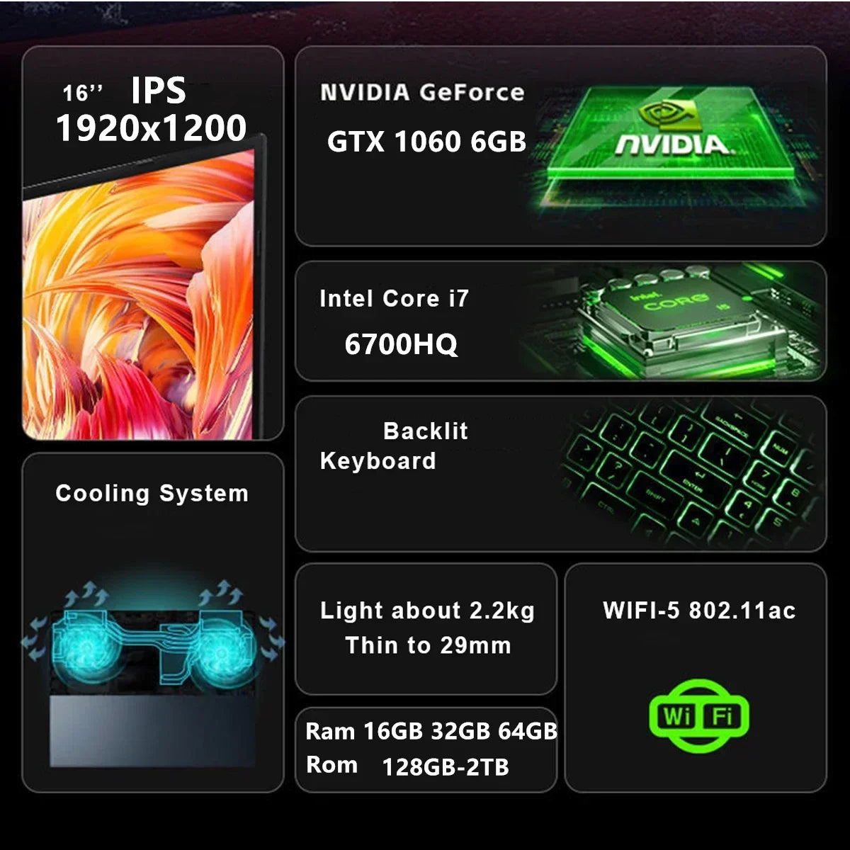 Intel Core I7 6700HQ Laptop 15.6″ IPS Screen 16G 32GB 64GB RAM NVIDIA GeForce GTX 1060 6G Game Computer Windows 11 Pro
