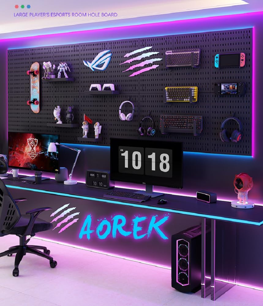 RGB Pegboard Wall Organizer with Smart IC LED Strip Lights, 2-Pack 12 x 24 Inch Heavy Duty Metal Peg Board with Hooks, DIY Gaming Room Setup Wall Mount Storage System